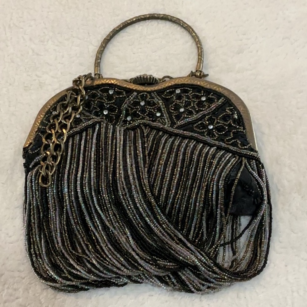 Vintage-Inspired Black Beaded Fringe Evening Bag